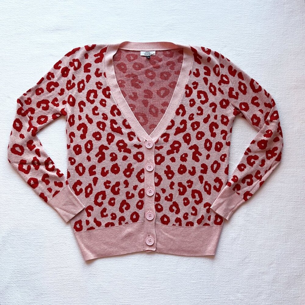 Kemi Telford Pink & Red Leopard-Print Knit Cardigan, Size Small